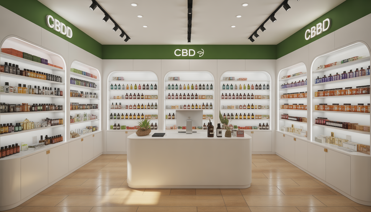 Intérieur photoréaliste d'une boutique CBD avec étagères bien rangées, huiles, cosmétiques et compléments naturels