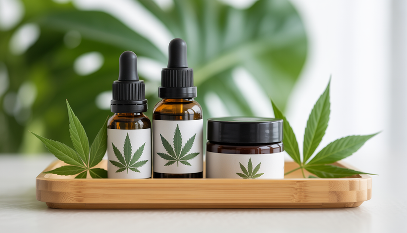 Flacons d'huile CBD et pots cosmétiques sur plateau bois, avec feuilles vertes