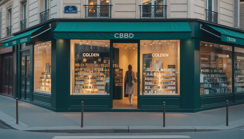 Devanture moderne d'une boutique CBD à Paris à l'heure dorée, avec des produits bien-être visibles en vitrine et un passant curieux observant l'étalage, atmosphère urbaine chaleureuse