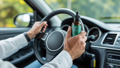 Conducteur tenant un volant avec flacon d'huile CBD