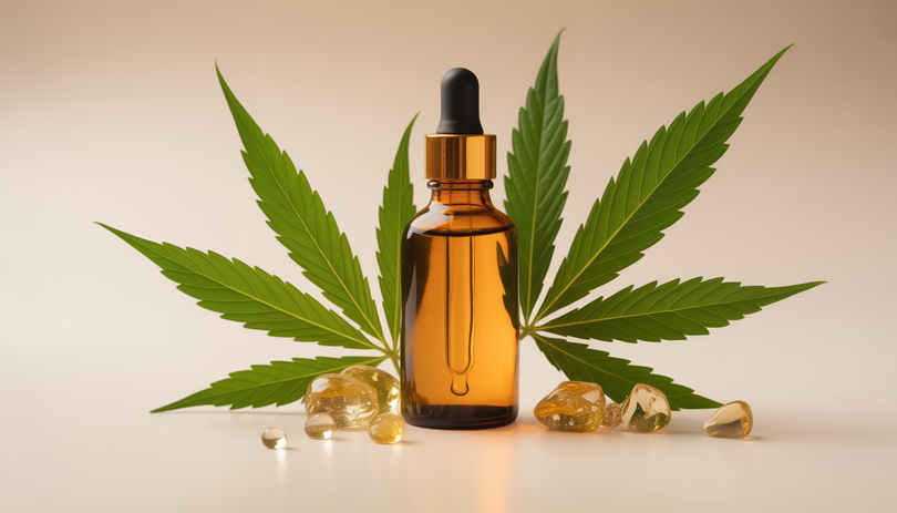 Flacon compte-gouttes CBD doré entouré de feuilles de chanvre vertes et de cristaux dorés sur fond beige