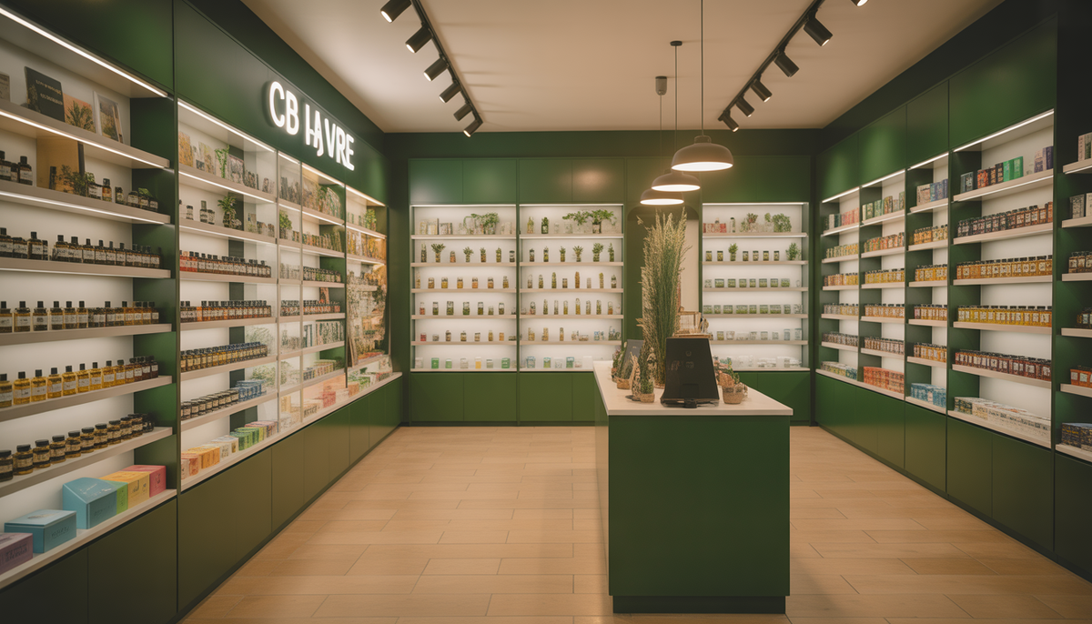 Rayonnages soignés de fleurs, huiles et produits CBD dans une boutique moderne au Havre