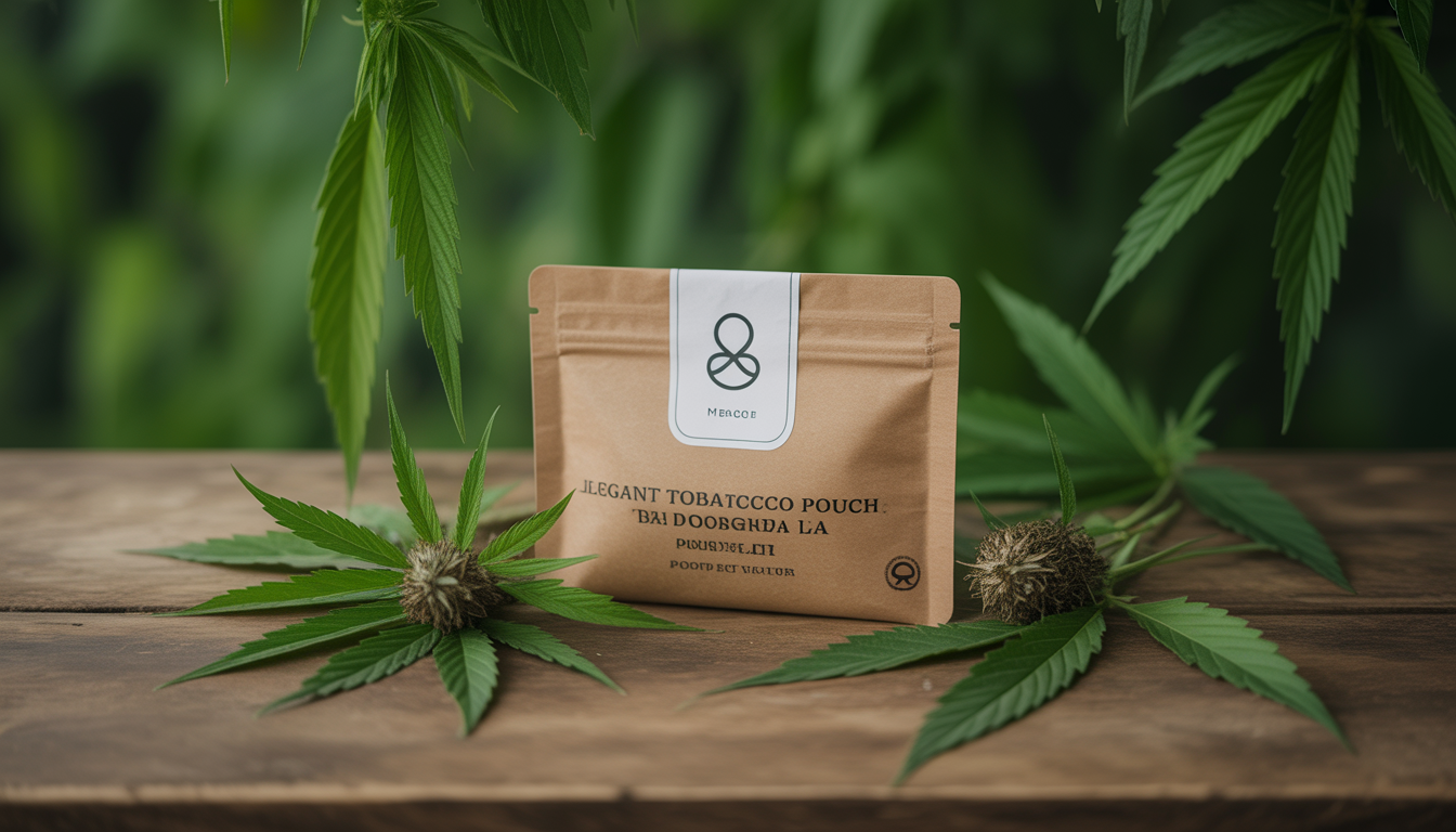 Pochette à tabac CBD élégante posée sur une table en bois rustique, entourée de feuilles de chanvre, tons naturels verts et bruns, éclairage doux et atmosphère organique moderne