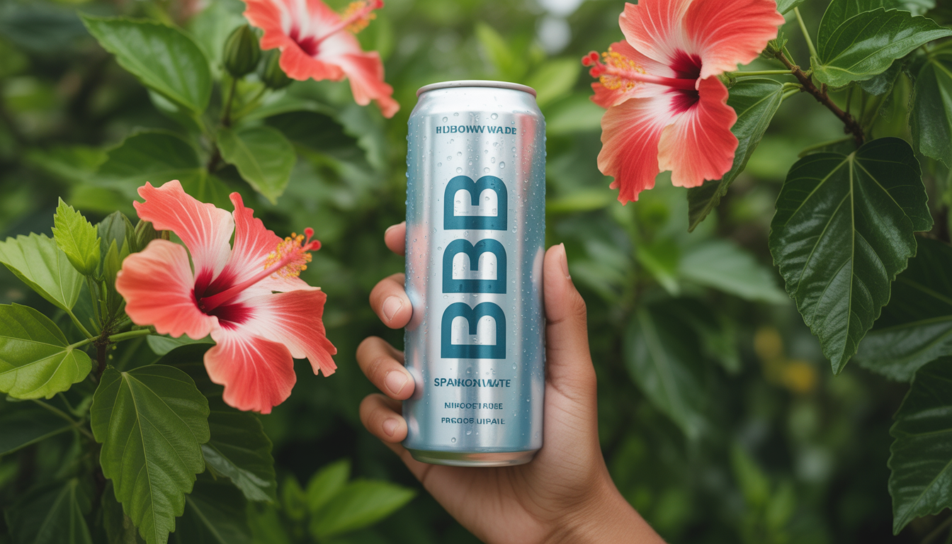 Canette élégante d'eau pétillante CBD avec fleurs d'hibiscus et gouttelettes