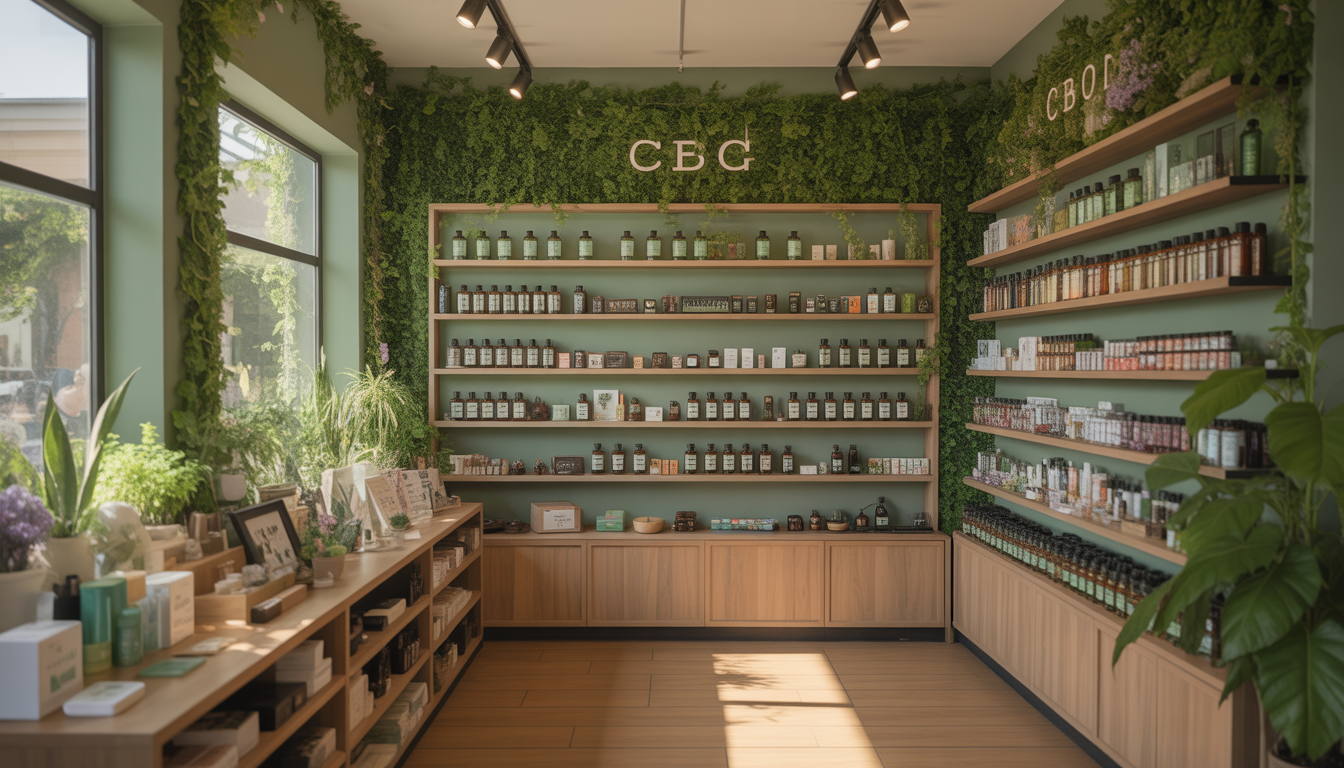 Intérieur d'une boutique CBD avec étagères en bois, produits naturels et ambiance apaisante