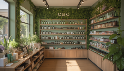 Intérieur de boutique CBD avec étagères en bois