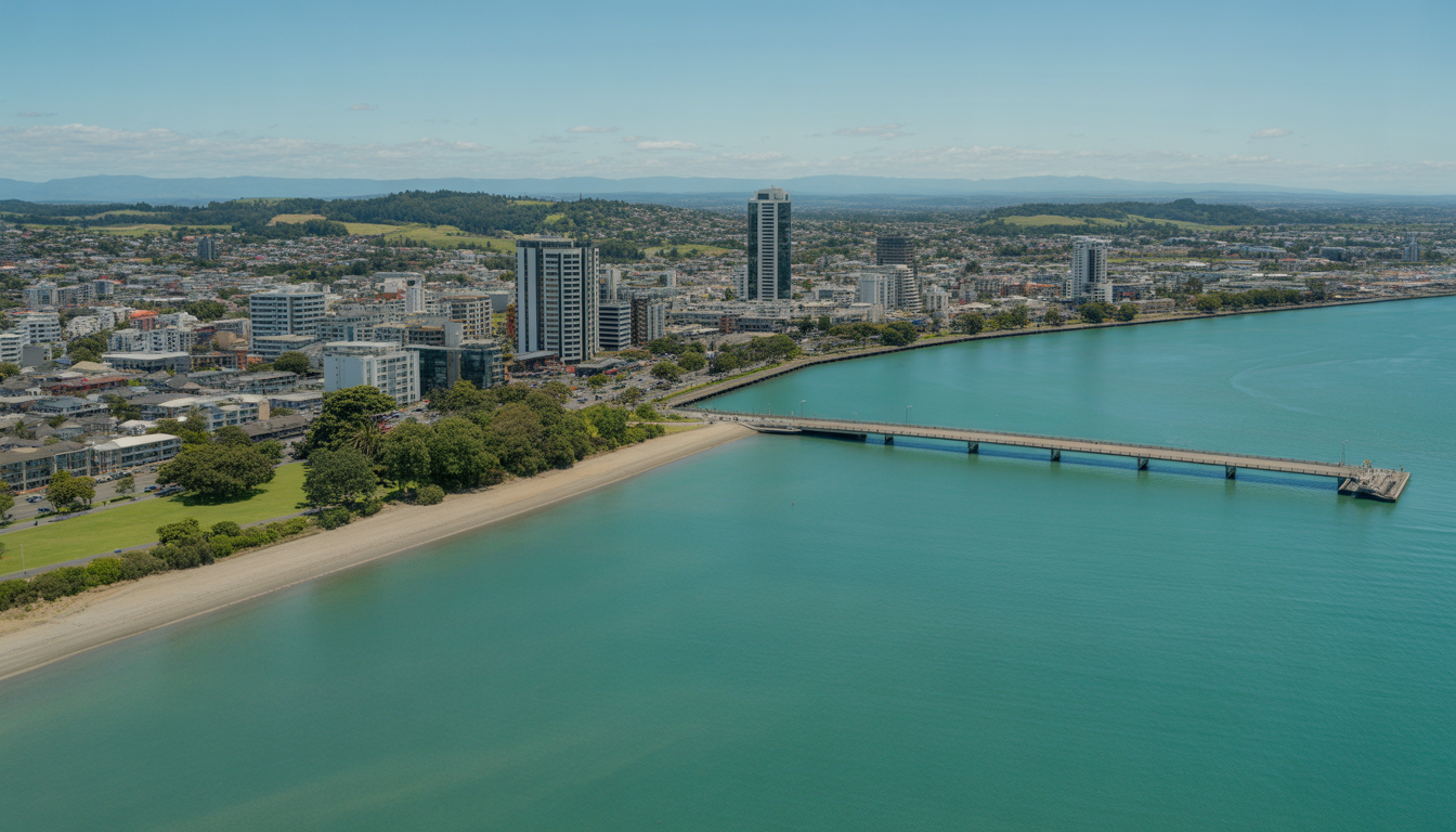 Vue panoramique du centre-ville de Tauranga avec bâtiments modernes, espaces verts et front de mer animé en journée