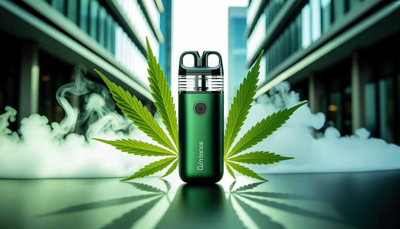 Vaporisateur portable design émettant une vapeur aromatique douce, sur fond urbain de Chambéry avec architecture moderne et feuilles de chanvre vertes, tons vert et blanc épurés