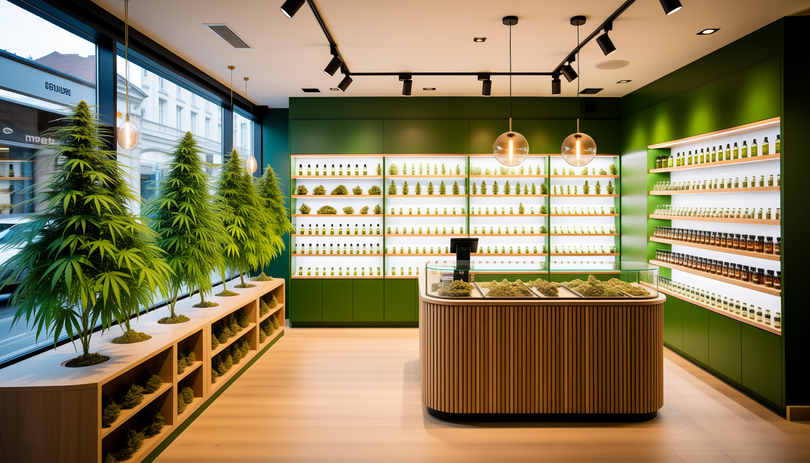 Intérieur moderne de la boutique CBD Chanvrery à Chambéry, avec un comptoir en bois exposant des fleurs de chanvre premium et des résines CBD sous un éclairage chaleureux et des vitrines en verre épurées
