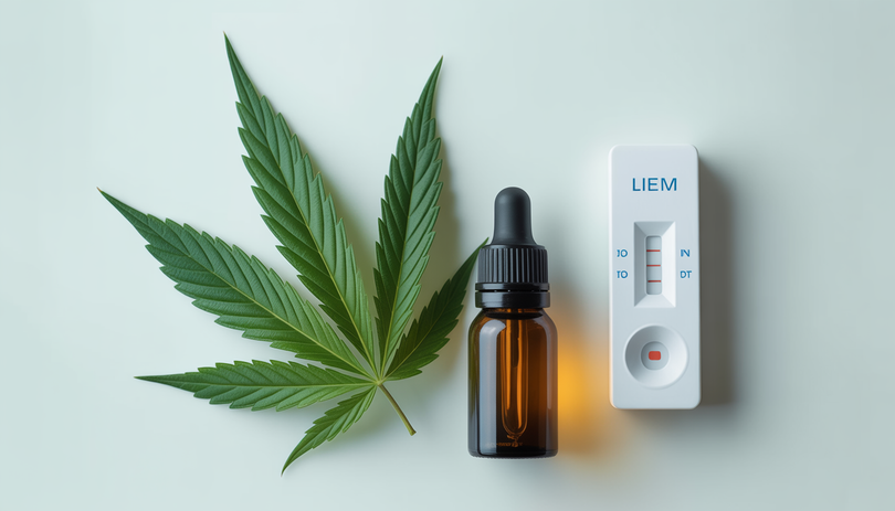 Flacon d'huile de CBD et feuille de chanvre posés à côté d'un kit de test salivaire de dépistage de drogues, sur fond blanc épuré, photographie produit professionnelle en lumière naturelle douce