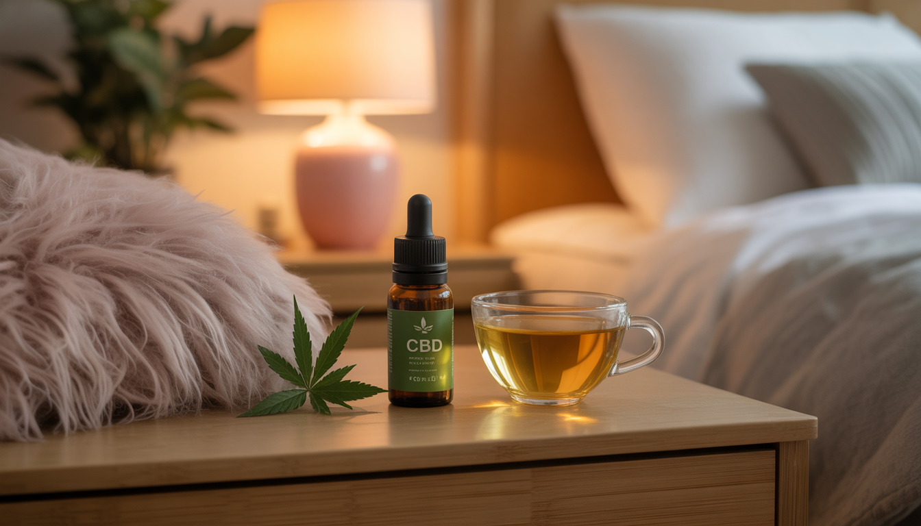 Bouteille d’huile de CBD près d’un oreiller duveteux et d'une tasse de tisane dans une chambre chaleureuse