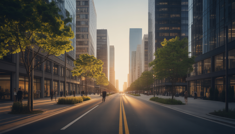 Vue photoréaliste d'un quartier d'affaires urbain au coucher du soleil avec bâtiments modernes et passants