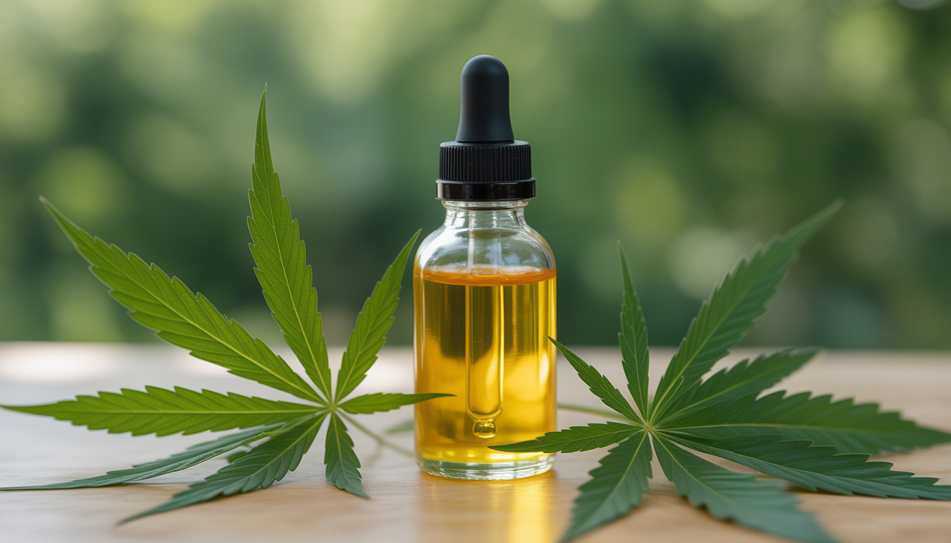 Bouteille en verre d'huile de CBD dorée sur surface en bois entourée de feuilles de chanvre