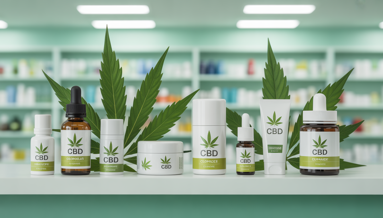 Étagère de pharmacie moderne avec produits CBD : huiles, capsules et crèmes