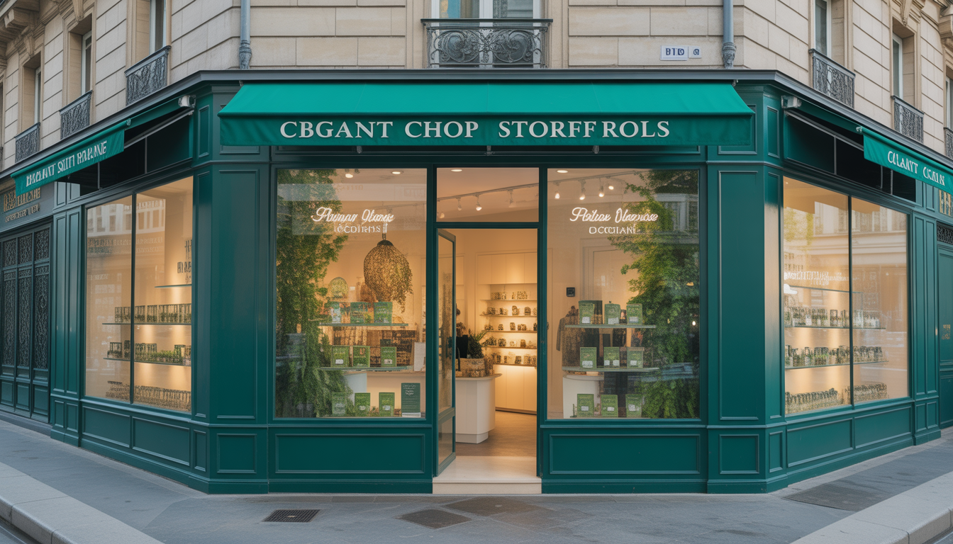 Devanture élégante de la boutique CBD Chanvrery à Versailles, avec une vitrine en verre moderne présentant des produits au chanvre, des plantes vertes naturelles et un éclairage doré chaleureux dans une rue parisienne chic