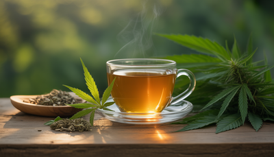 Tisane CBD fumante sur table rustique