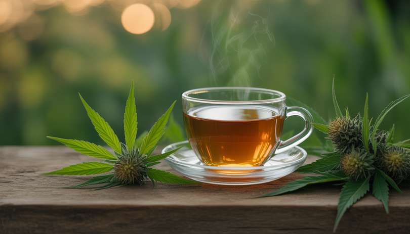 Tasse fumante de tisane au CBD posée sur une surface en bois rustique, entourée de fleurs de chanvre et de feuilles vertes, éclairage naturel chaleureux et fond bokeh doux