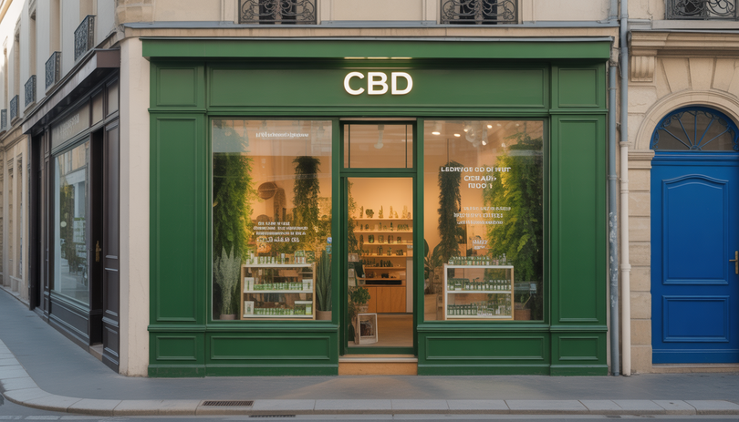 Devanture d'une boutique CBD moderne dans une rue urbaine française, avec des plantes vertes et des produits au chanvre exposés dans une vitrine contemporaine, éclairée par une lumière dorée de fin de journée