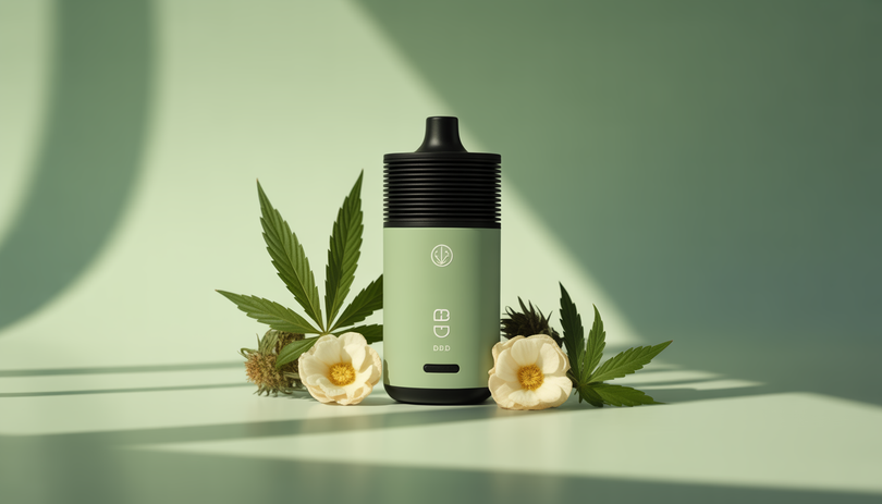 Vaporisateur CBD moderne centré sur une surface épurée, entouré de fleurs de chanvre et d'icônes symboliques représentant le dosage et la température, éclairage naturel doux, composition minimaliste