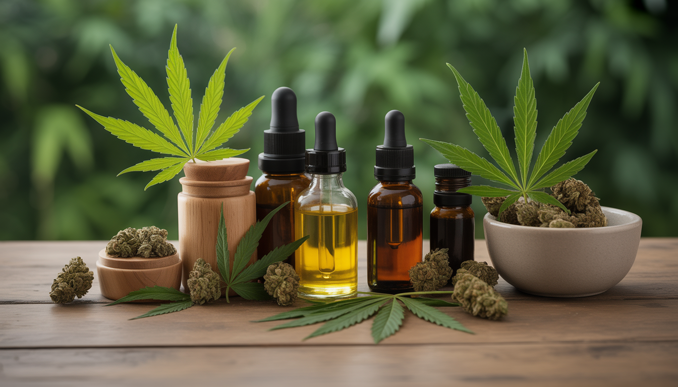 Assortiment de produits CBD avec fleurs de chanvre et huiles sur table en bois