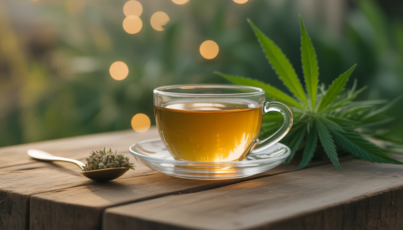 Tasse de tisane au CBD posée sur une table en bois rustique, accompagnée d'une petite cuillère de fleurs de chanvre, dans une atmosphère chaleureuse et apaisante