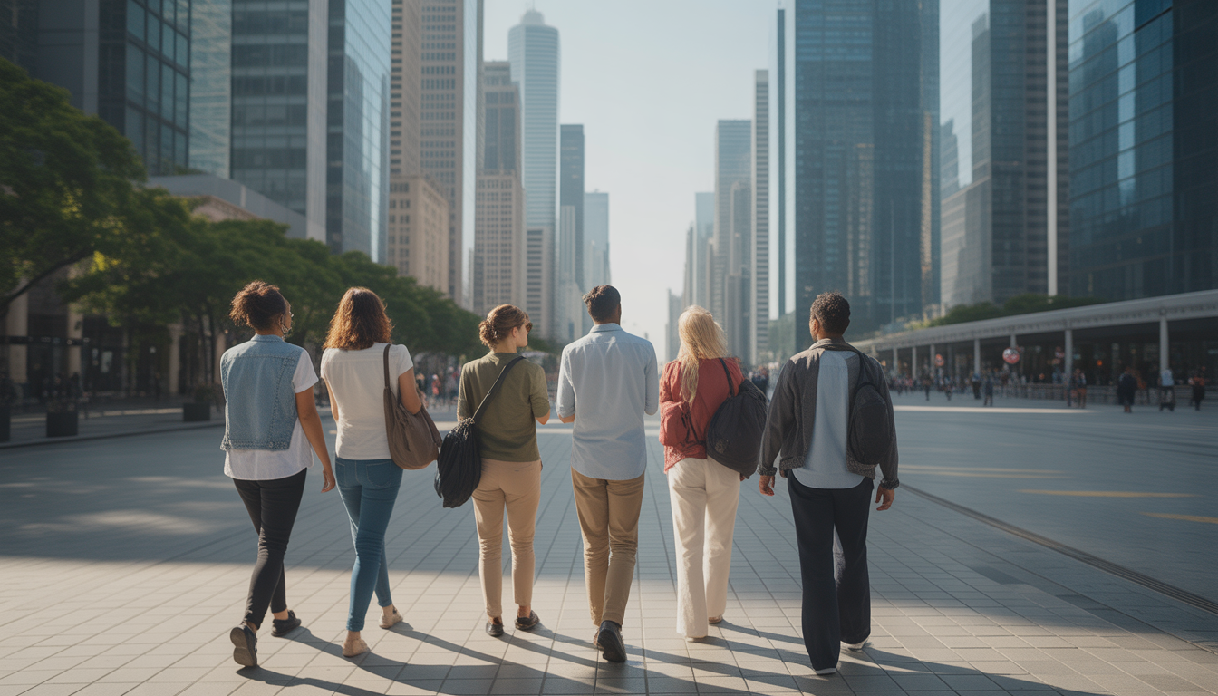 Groupe de touristes guidé à travers un centre urbain moderne