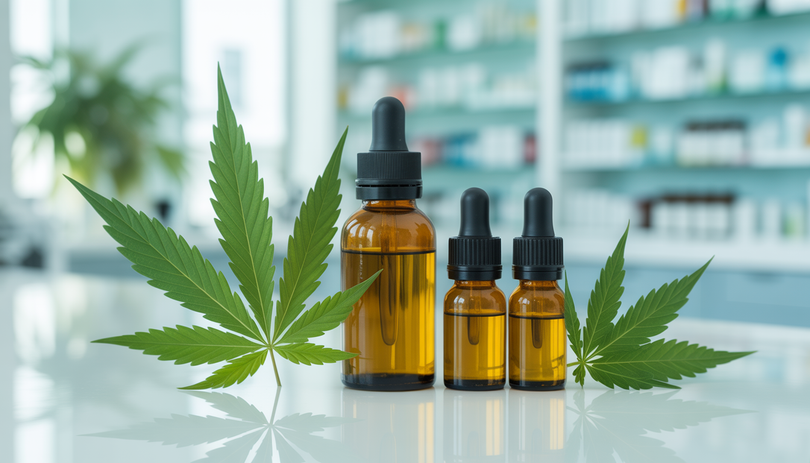 Bouteilles d'huile de CBD en verre sur comptoir de pharmacie avec feuilles de chanvre