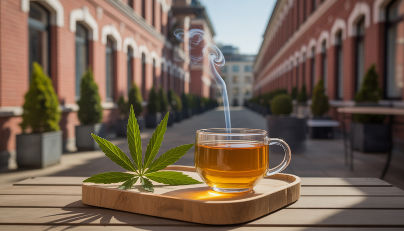 Tasse de thé au CBD sur table en bois, fond urbain et fumée d'encens
