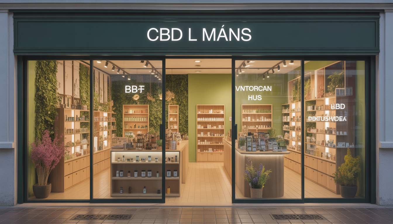 Façade photoréaliste d'une boutique CBD au Mans avec produits naturels en vitrine