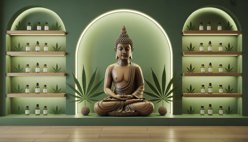 Étagères minimalistes avec fleurs de CBD, huiles et statue zen