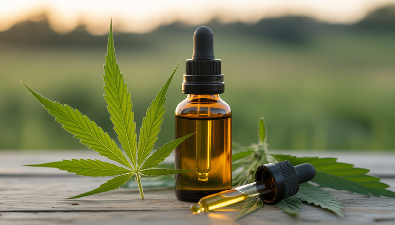 Bouteille d'huile de CBD avec pipette ouverte sur une surface en bois, feuilles de chanvre et arrière-plan flou de campagne française