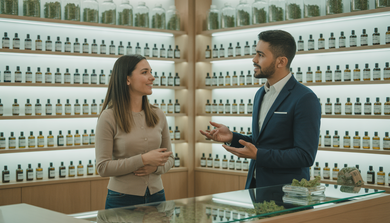 Boutique CBD moderne avec étagères ordonnées et éclairage vif