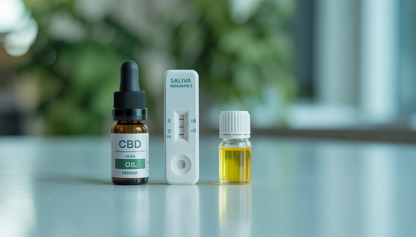 Photorealistic image of a saliva drug test kit beside a small CBD oil bottle on a clean table