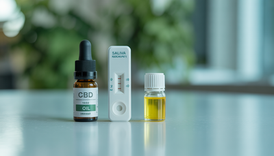 Saliva test kit and CBD oil bottle on table