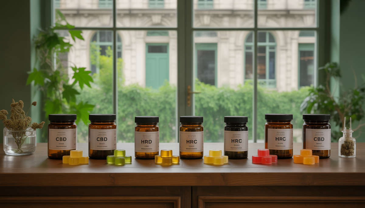 Intérieur d'une boutique CBD avec pots ambrés, fleurs bio et bonbons THC