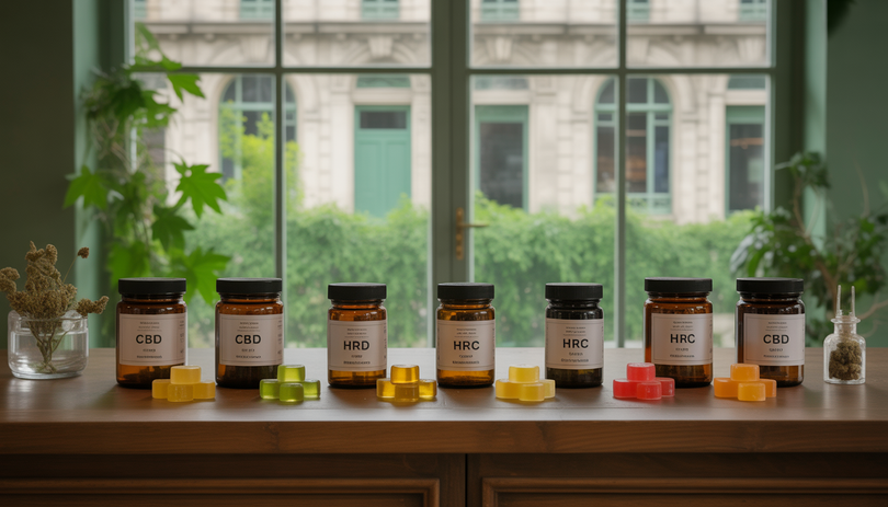 Intérieur d'une boutique CBD avec pots ambrés, fleurs bio et bonbons THC