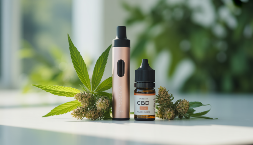 Stylo vape moderne avec nuage de vapeur douce, fleurs de chanvre et petite bouteille d'e-liquide CBD sur fond blanc minimaliste, photographie produit professionnelle
