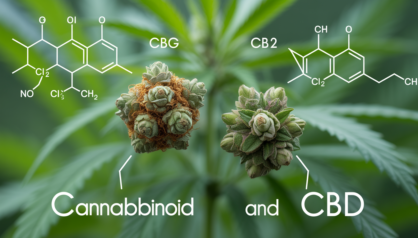 Photographie professionnelle des molécules CBG et CBD avec récepteurs CB1 et CB2 en arrière-plan