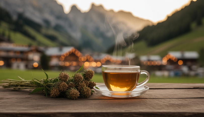 Tasse de tisane au CBD fumante posée sur une table en bois rustique, avec des fleurs de chanvre séchées à côté, lumière dorée douce et arrière-plan d'un village alpin français chaleureux