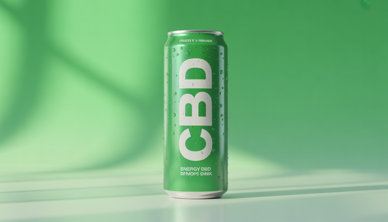Canette de boisson énergisante au CBD avec bulles scintillantes et condensation fraîche