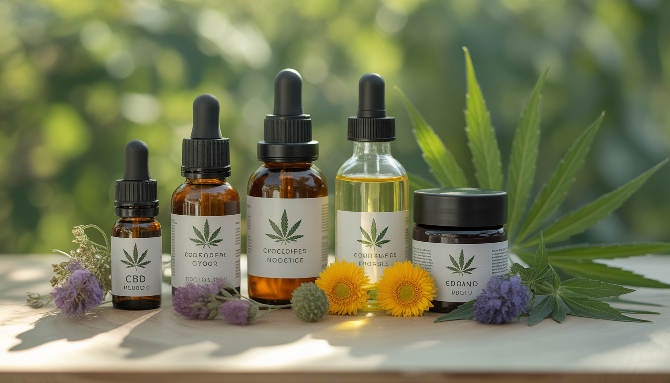 Produits CBD (huiles, fleurs séchées, cosmétiques) sur une surface en bois avec verdure et lumière douce