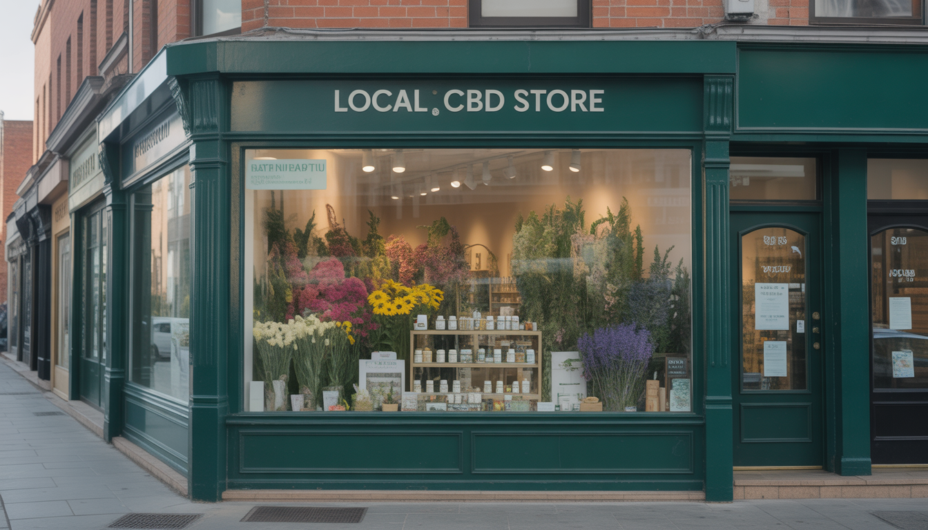 Façade d'une boutique de CBD en ville avec vitrine exposant fleurs, huiles et cosmétiques naturels