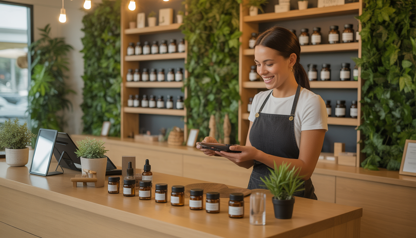 Employé souriant aidant un client dans une boutique CBD avec étagères en bois et plantes