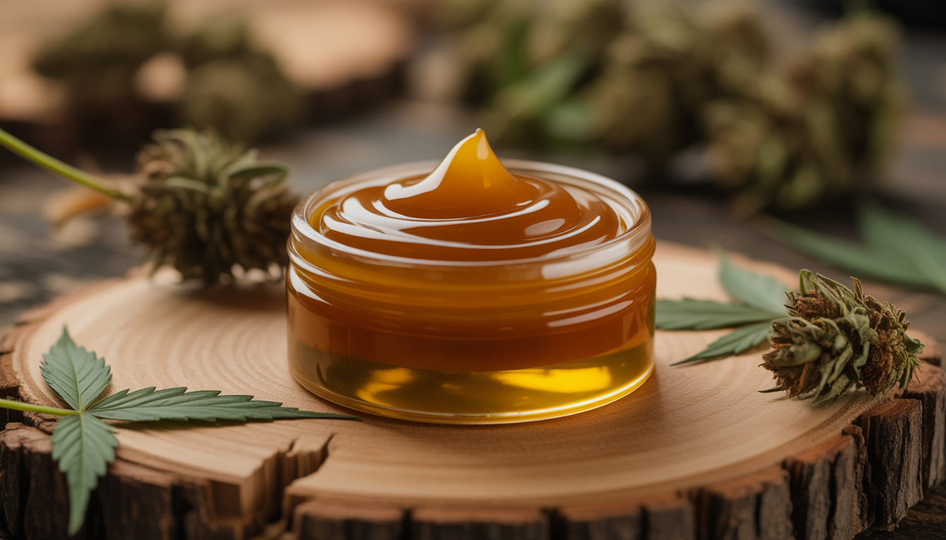 Macro de résine CBD compacte aux teintes dorées sur surface naturelle