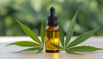 CBD oil bottle with hemp leaves on wooden table