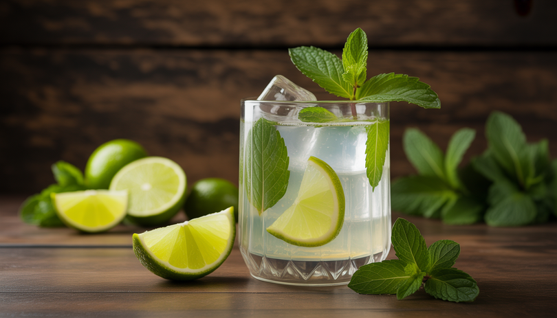 Cocktail au CBD dans un verre avec glaçons, menthe et citron vert