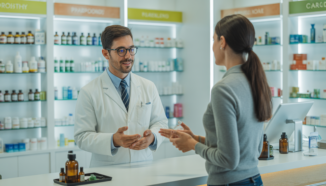 Pharmacien parlant à un client dans une pharmacie équipée de produits CBD