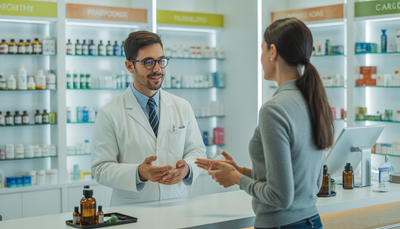 Pharmacien conseillant un client en pharmacie moderne