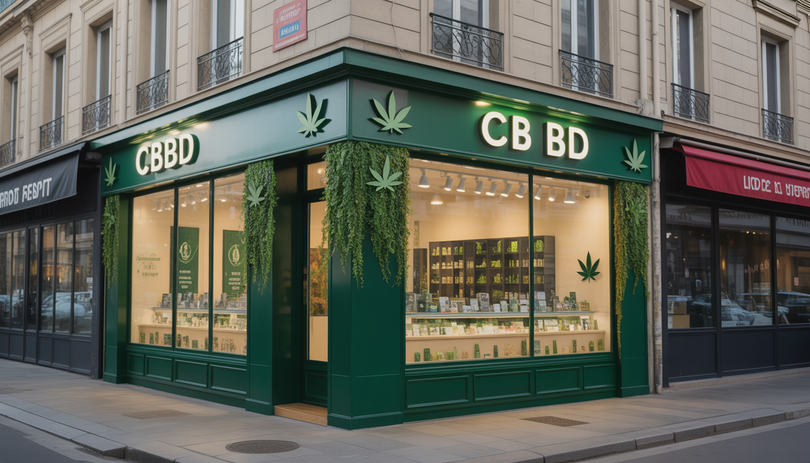 Devanture moderne de la boutique CBD Chanvrery à Lille, avec plantes vertes, décorations en feuilles de chanvre et vitrine exposant des produits CBD, photographiée à l'heure dorée dans une rue urbaine