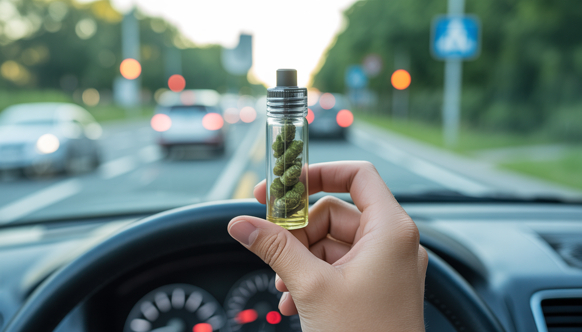 Main d’un conducteur tenant un joint de CBD sur le volant avec une route urbaine floue en arrière-plan